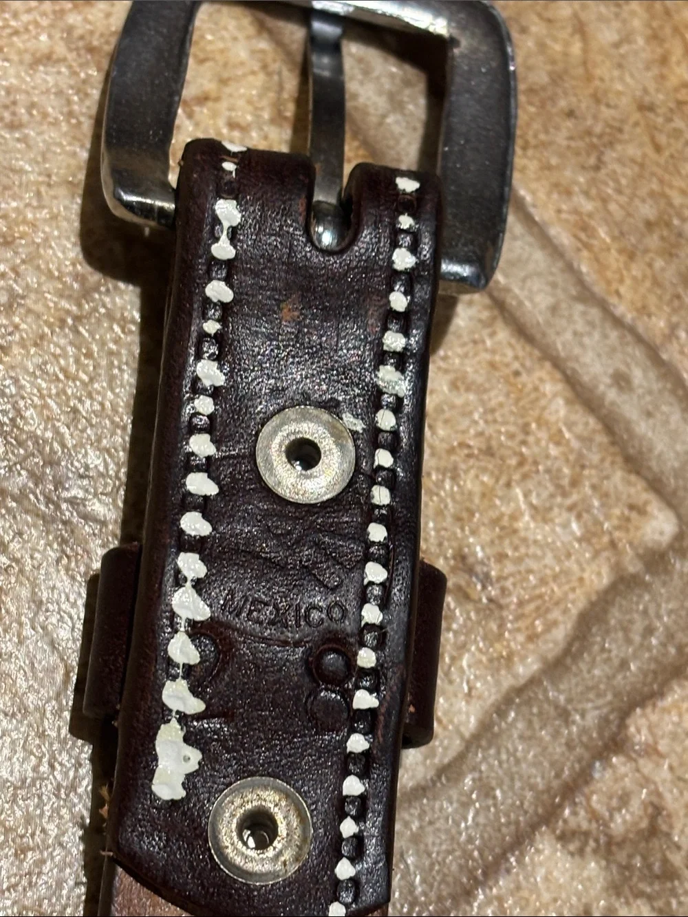 Hand-tooled edible leather belt by Mexican artisans. Size S /36 inches long